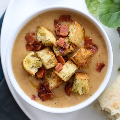smokey bean soup with bacon and croutons