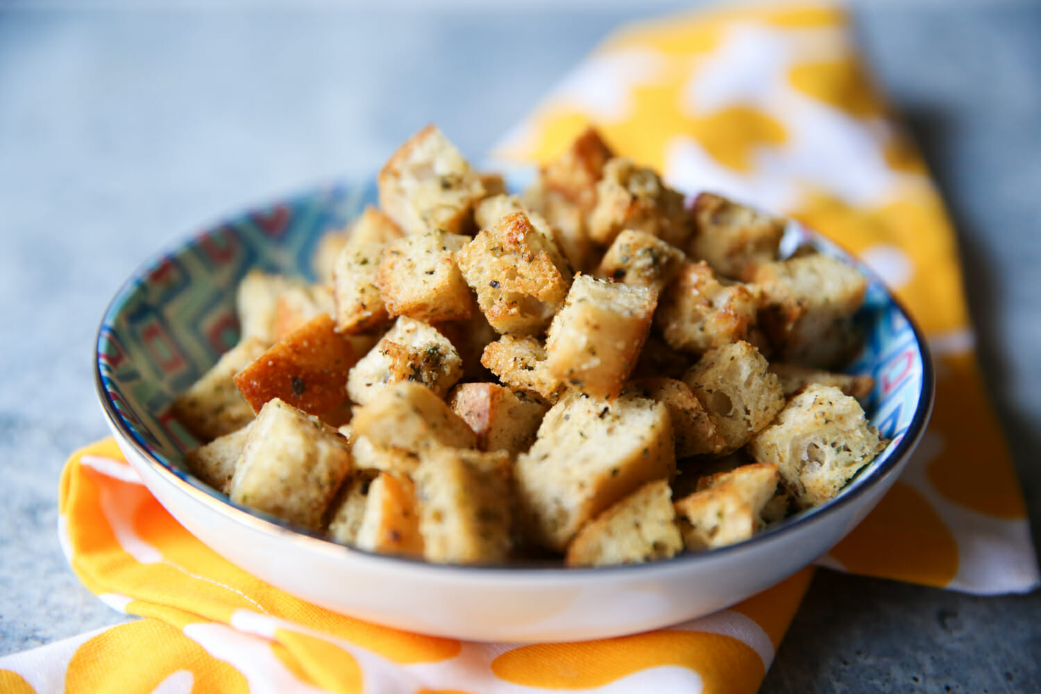 homemade sourdough garlic-herb croutons from our best bites