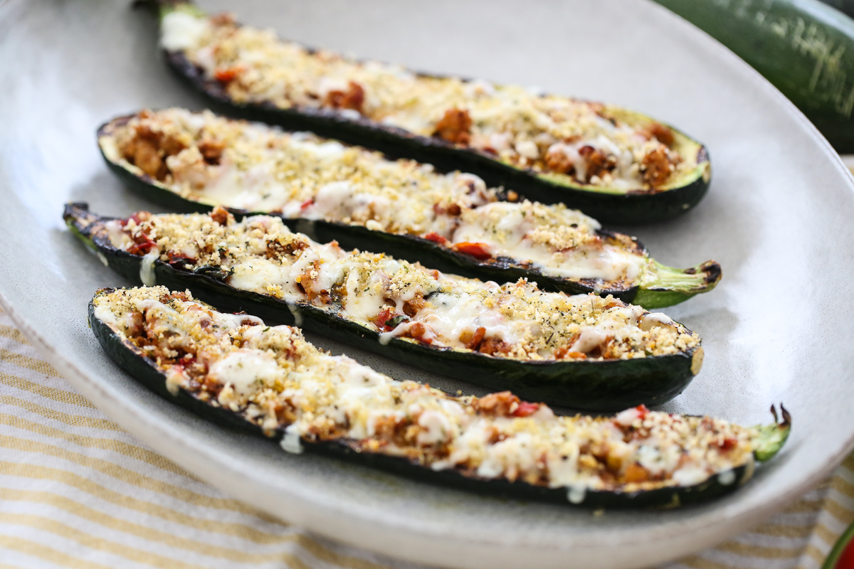 Grilled Stuffed Zucchini on a platter