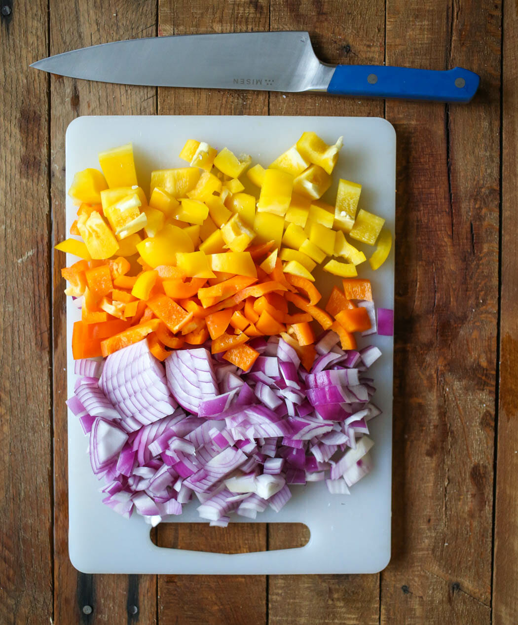 chopped peppers and onion for southwestern beef wraps