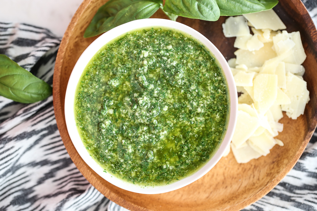 fresh basil pesto in a bowl