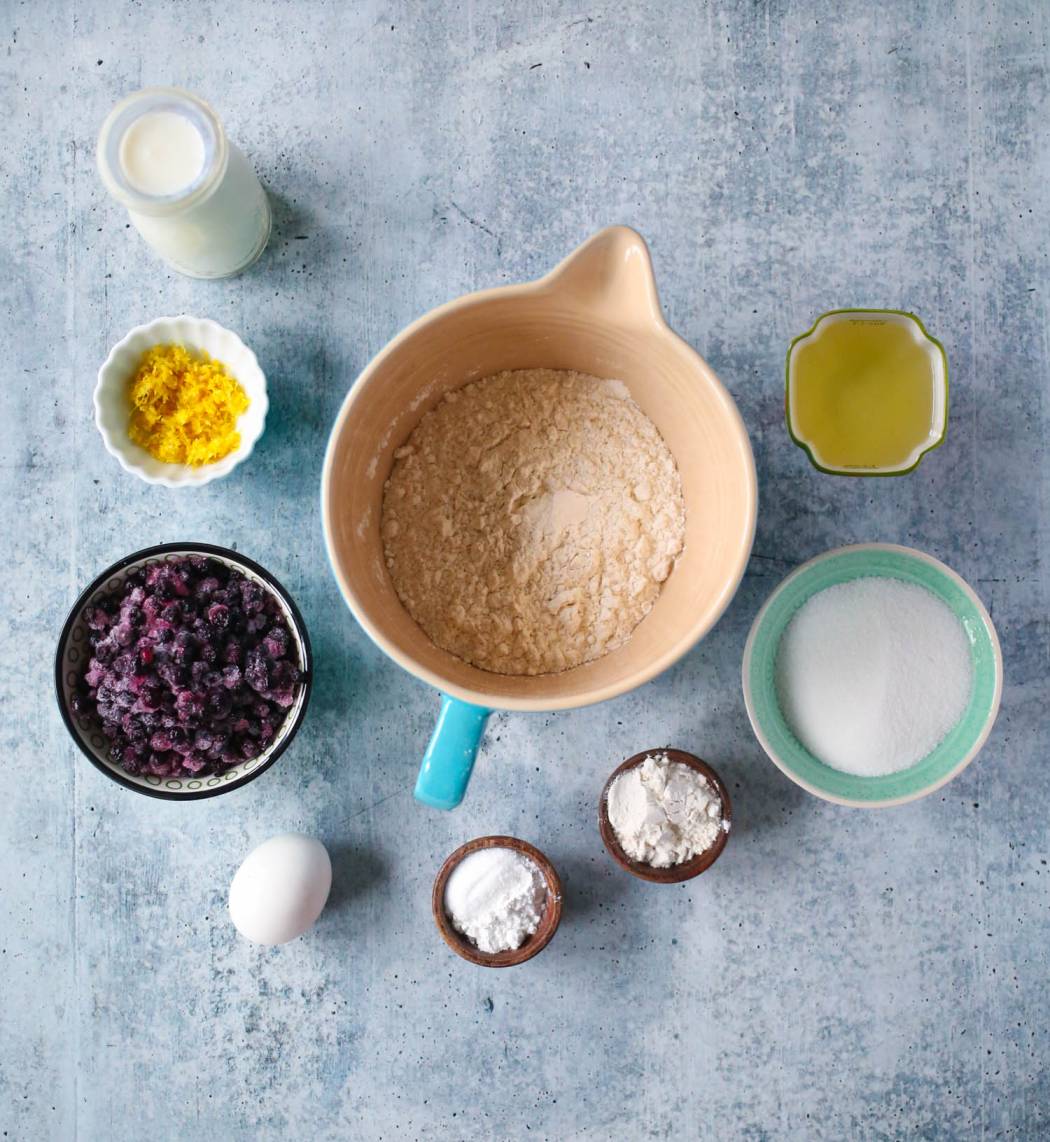 ingredients for streusel topped blueberry muffins from our best bites