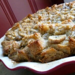 Bananas Foster Bread Pudding in a pie plate.