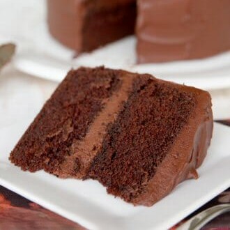 A piece of old fashioned chocolate cake on a white plate.