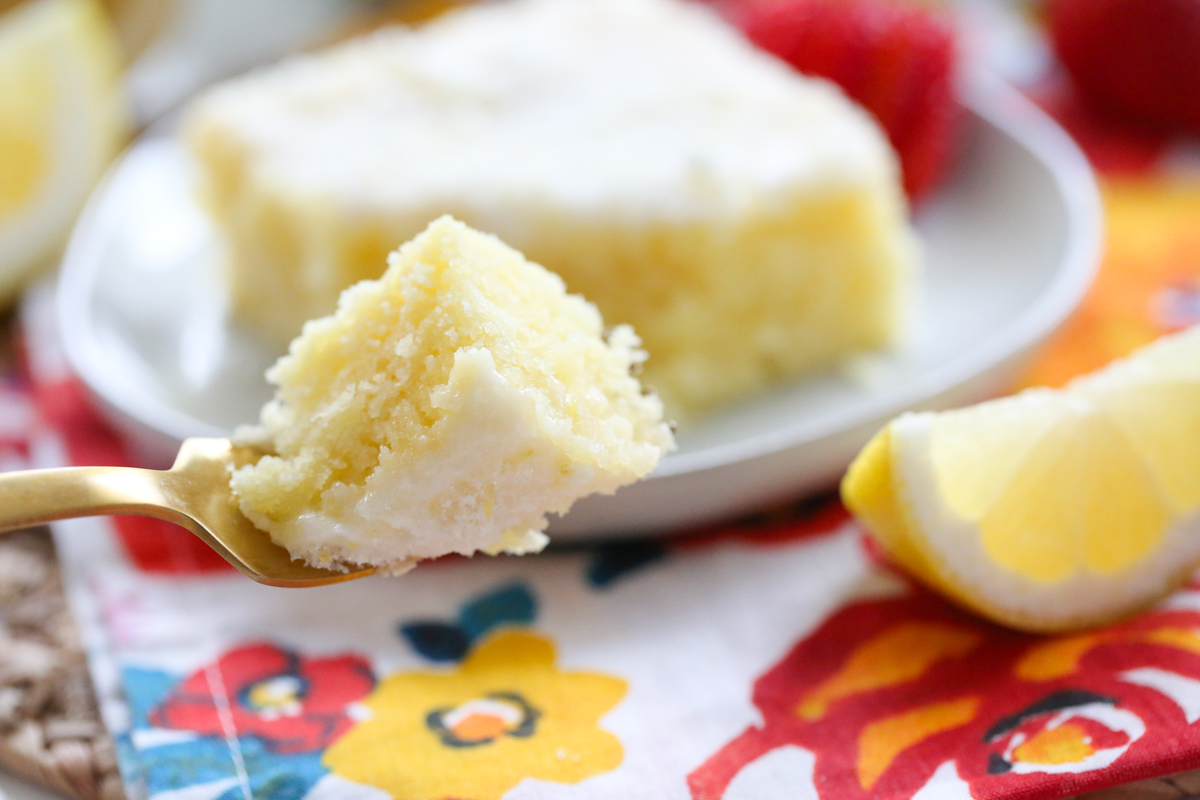 bite of lemon cake on a fork