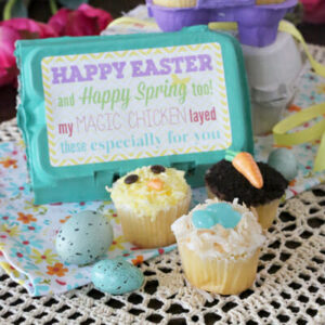 MIni Easter/Spring Cupcakes in front of an egg carton with a cute Easter label.