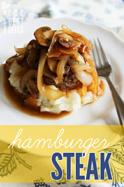 Quick, easy, and healthy hamburger steak with caramelized onions and sauteed mushrooms in gravy from Our Best Bites