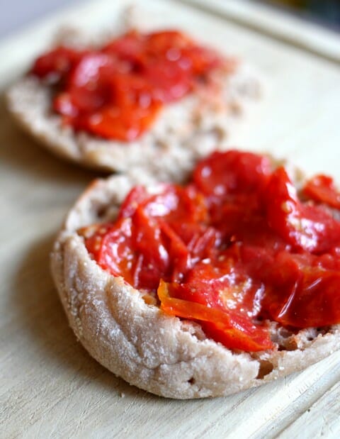 roasted tomatoes on english muffins