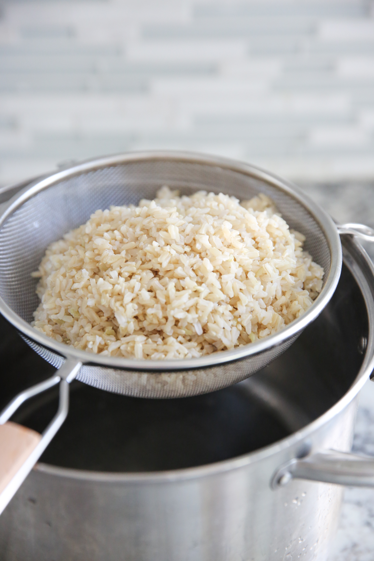 brown rice in collander