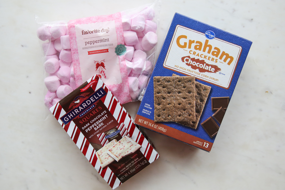 graham crackers, peppermint bark, and marshmallows