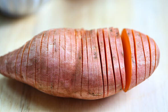 sliced hasselback sweet potato