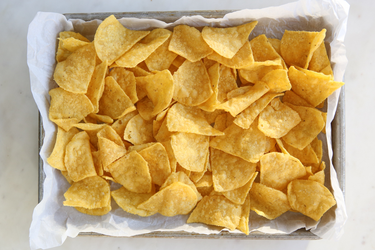 tortilla chips on a sheet pan