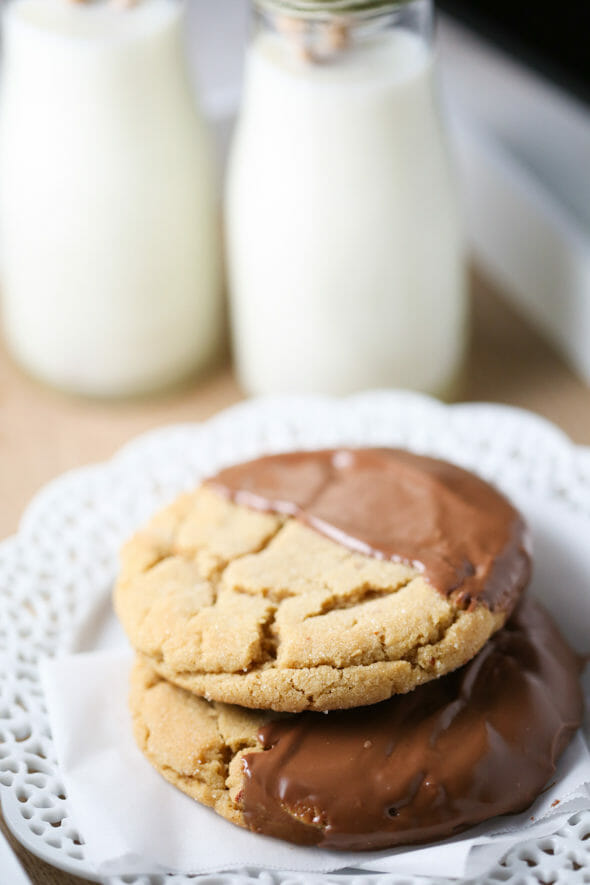 Chocolate dipped peanut butter cookies from Our Best Bites