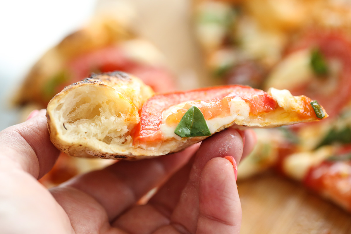 Cooked pizza with tomatoes and mozarella
