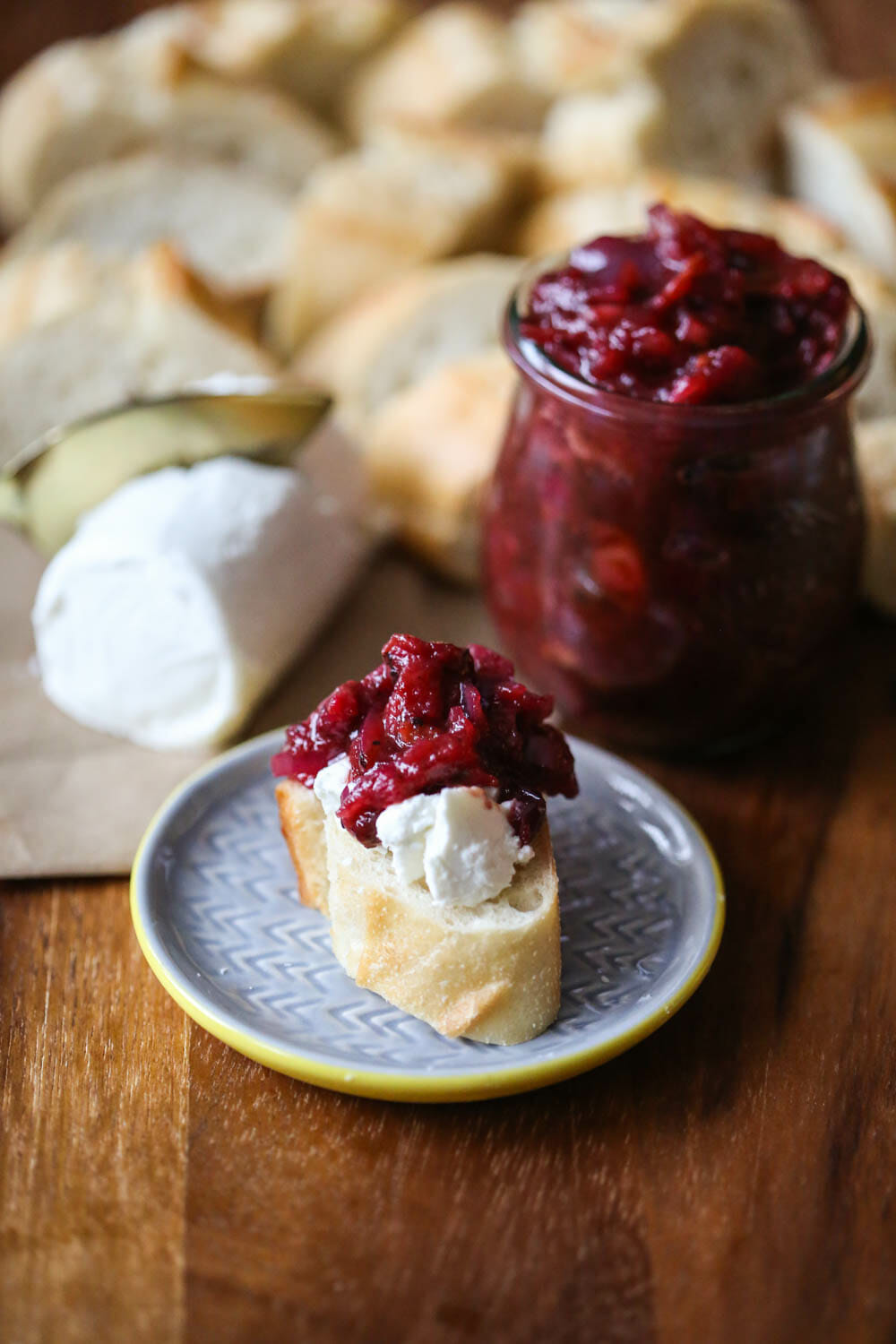 Onion Jam with Cranberries and Bacon and goat cheese on baguette