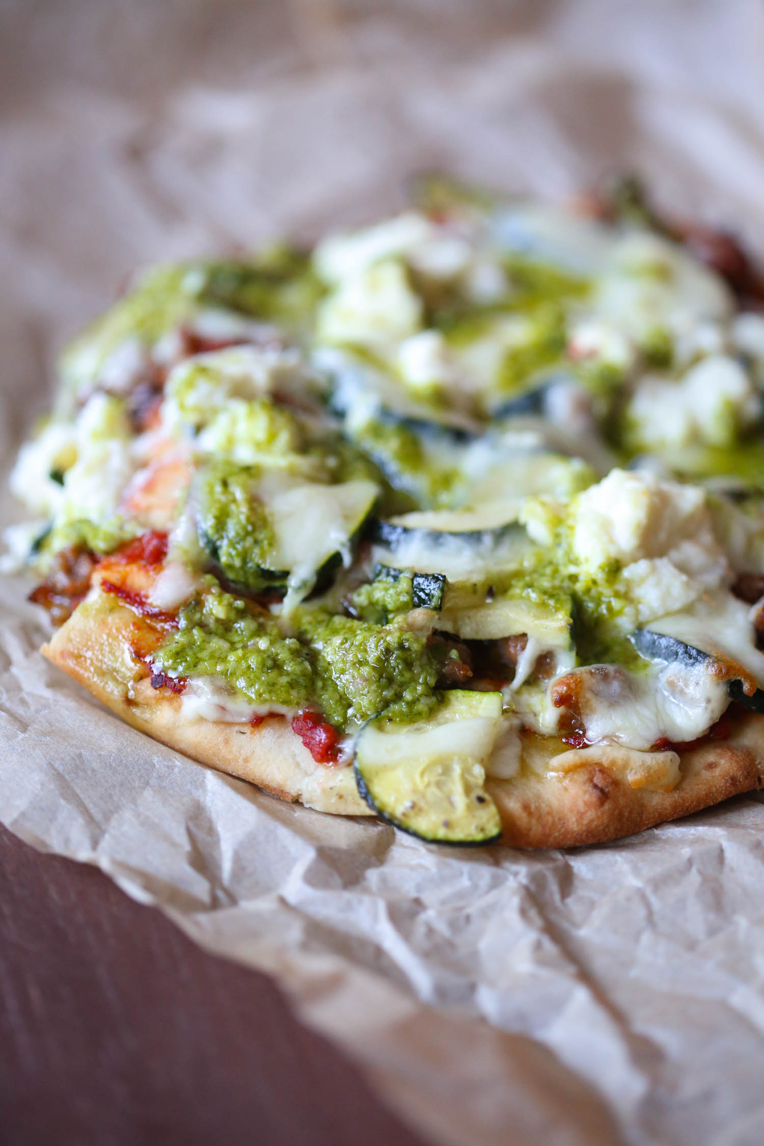 Italian sausage Pesto Flatbread Pizza from Our Best Bites