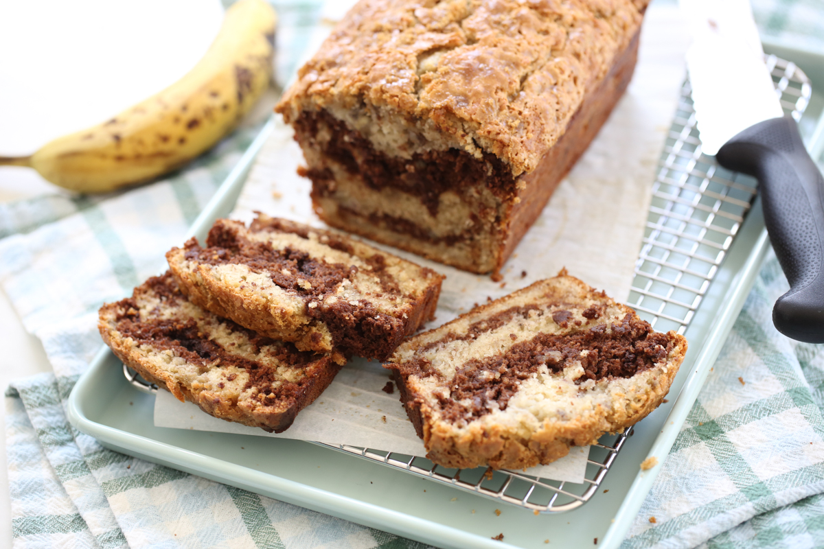 Chocolate Swirled Banana Bread on a cutting board