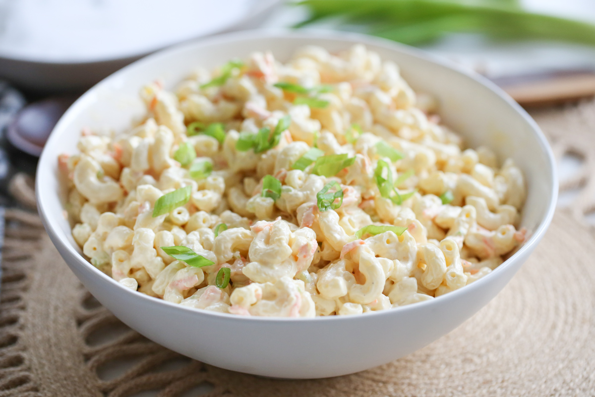 hawaiian macaroni salad in a white bowl