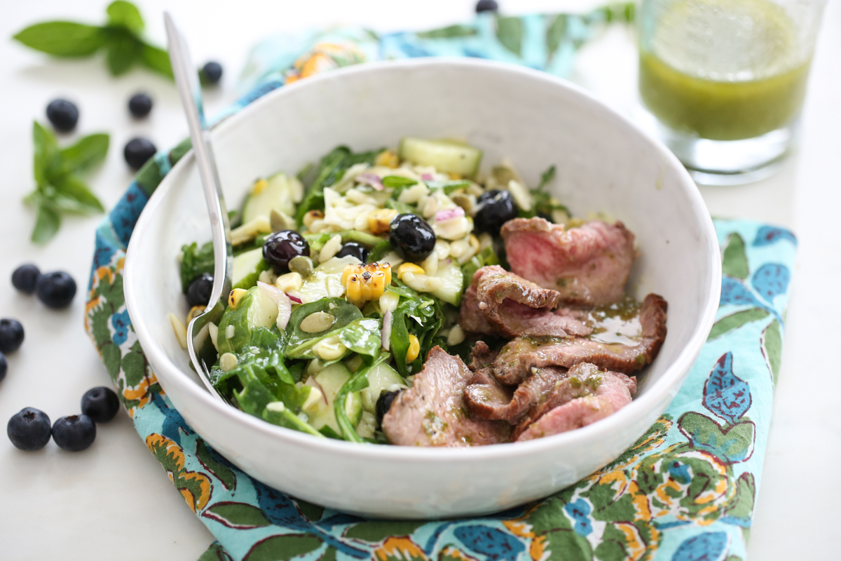 Basil Orzo Pasta Salad with Steak