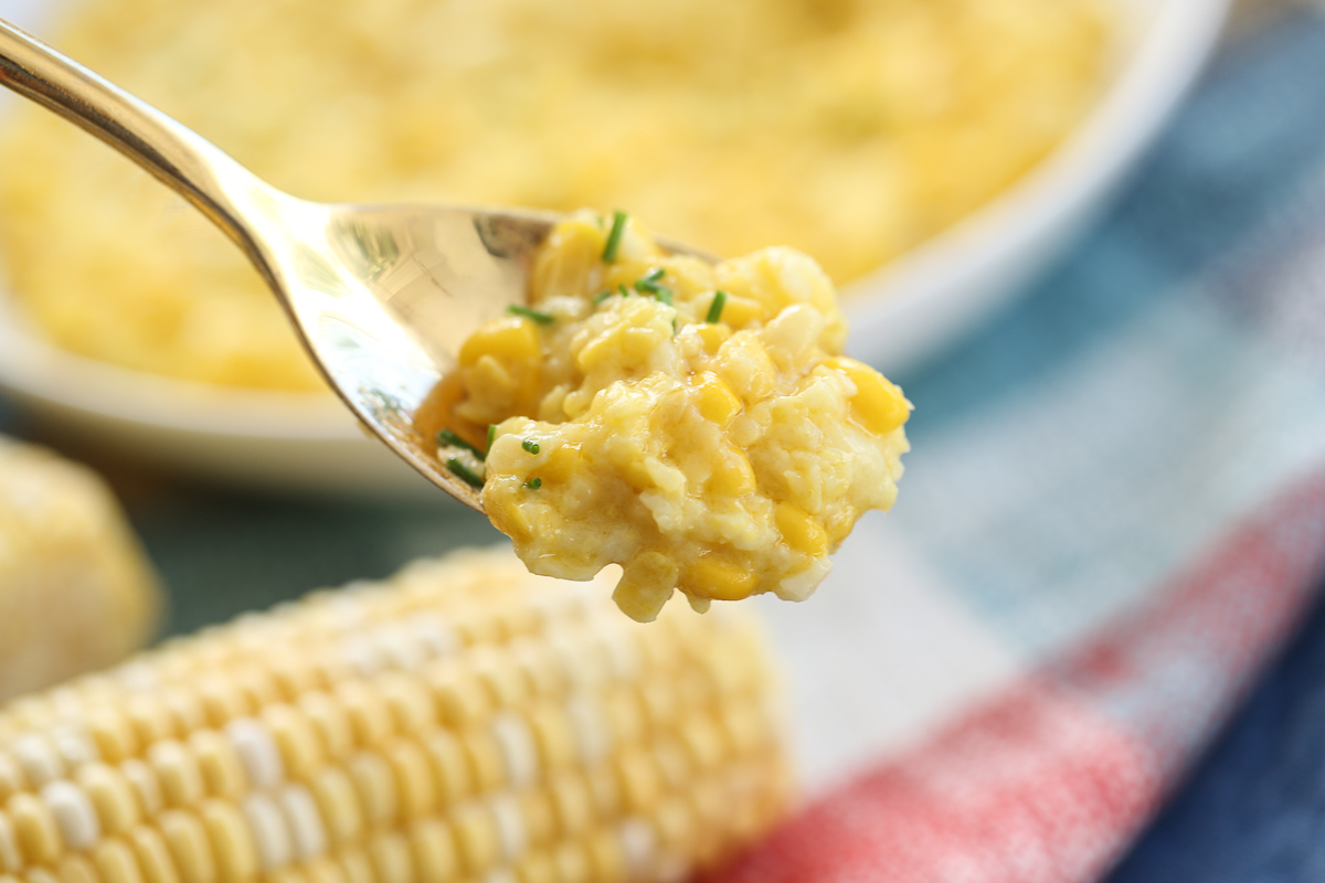Spoonful of creamed corn on a spoon